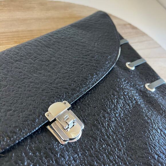 Vintage 90s Black Genuine Leather Weaved Silver Lock Large Clutch Bag - Picture 8 of 13